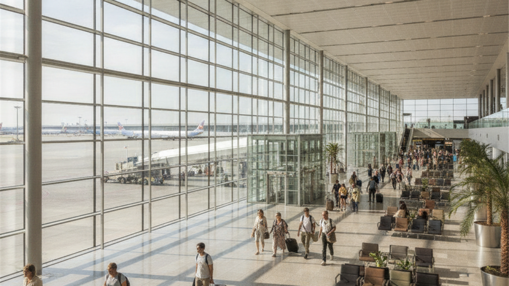 Aeropuerto espanol lleno de viajeros en verano