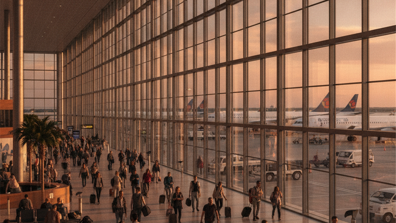 Aeropuerto lleno de viajeros al atardecer en verano