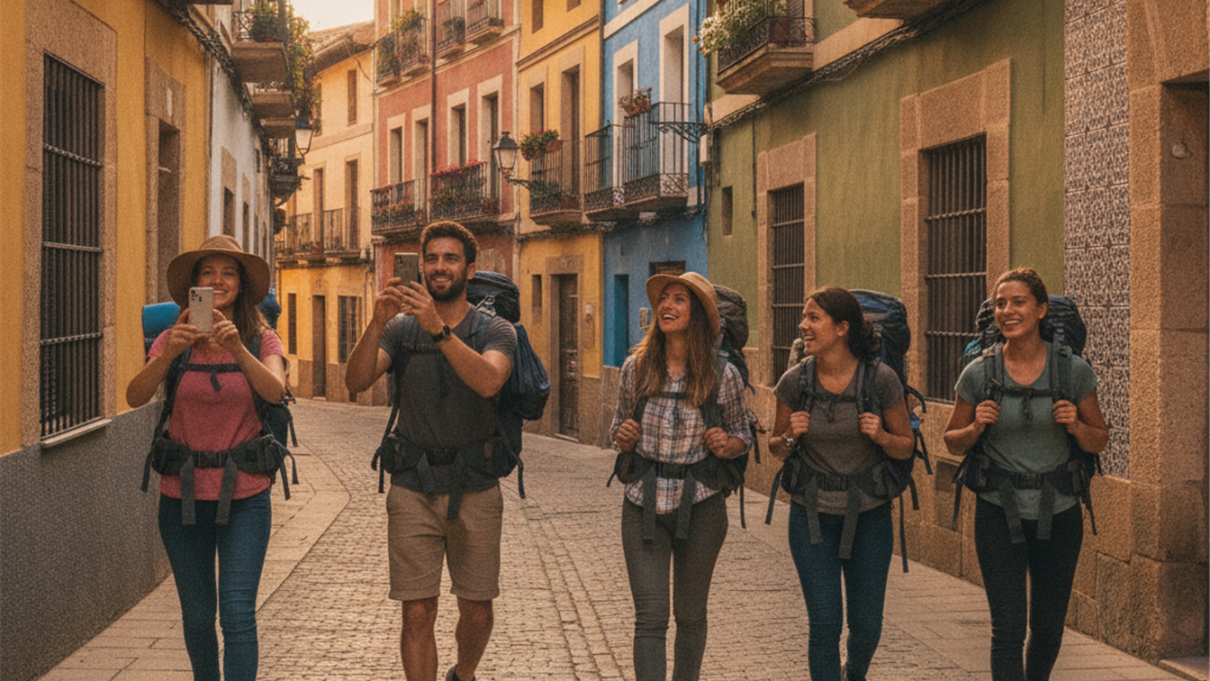 Viajeros con mochilas paseando por calle historica europea