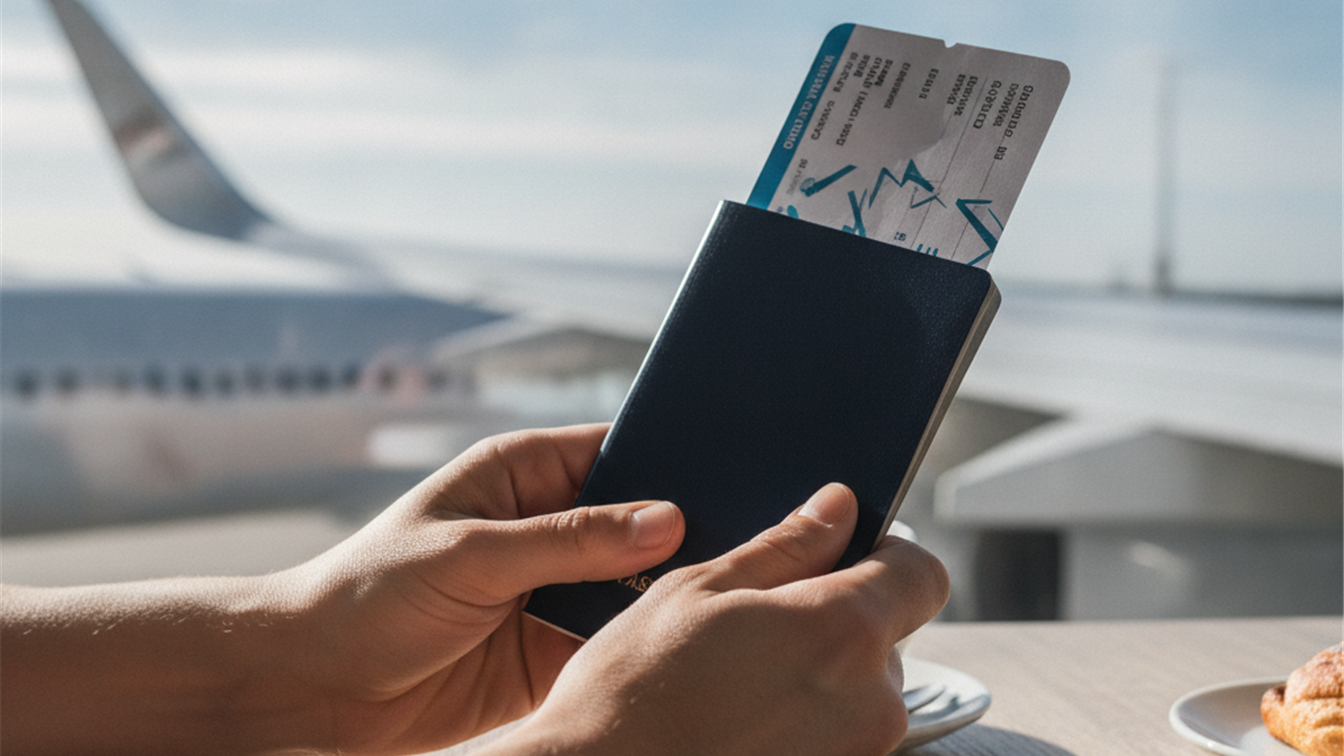Manos sosteniendo pasaporte y tarjeta de embarque junto a ventana de avion