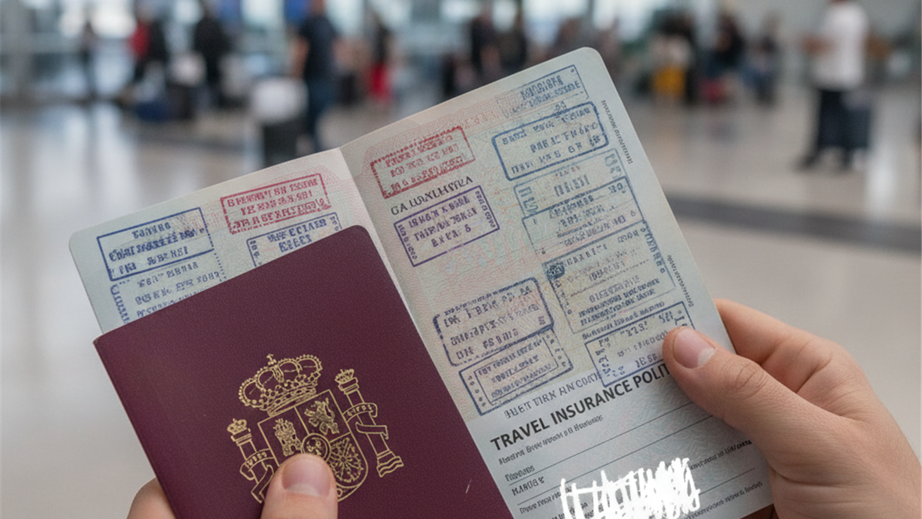 Pasaporte con sellos de visado y poliza de seguro de viaje