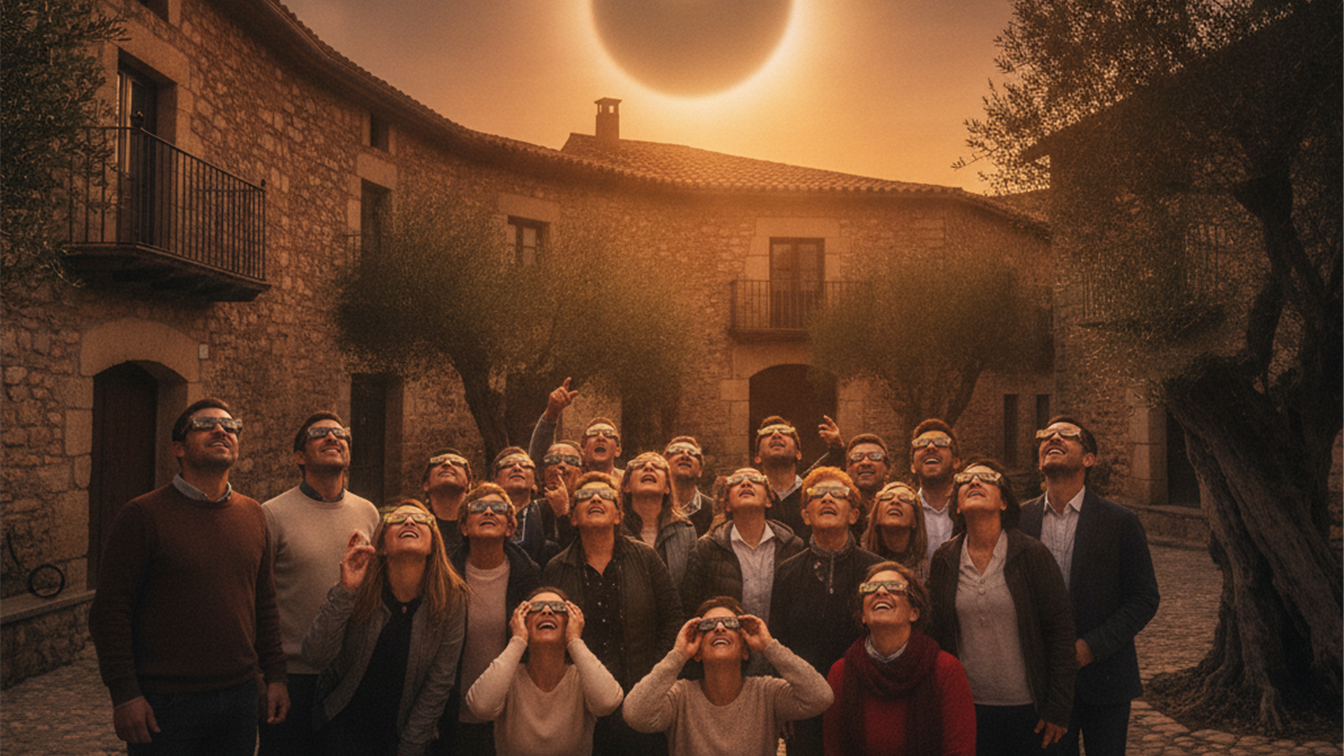 Personas observando el eclipse solar con gafas certificadas en un pueblo de España