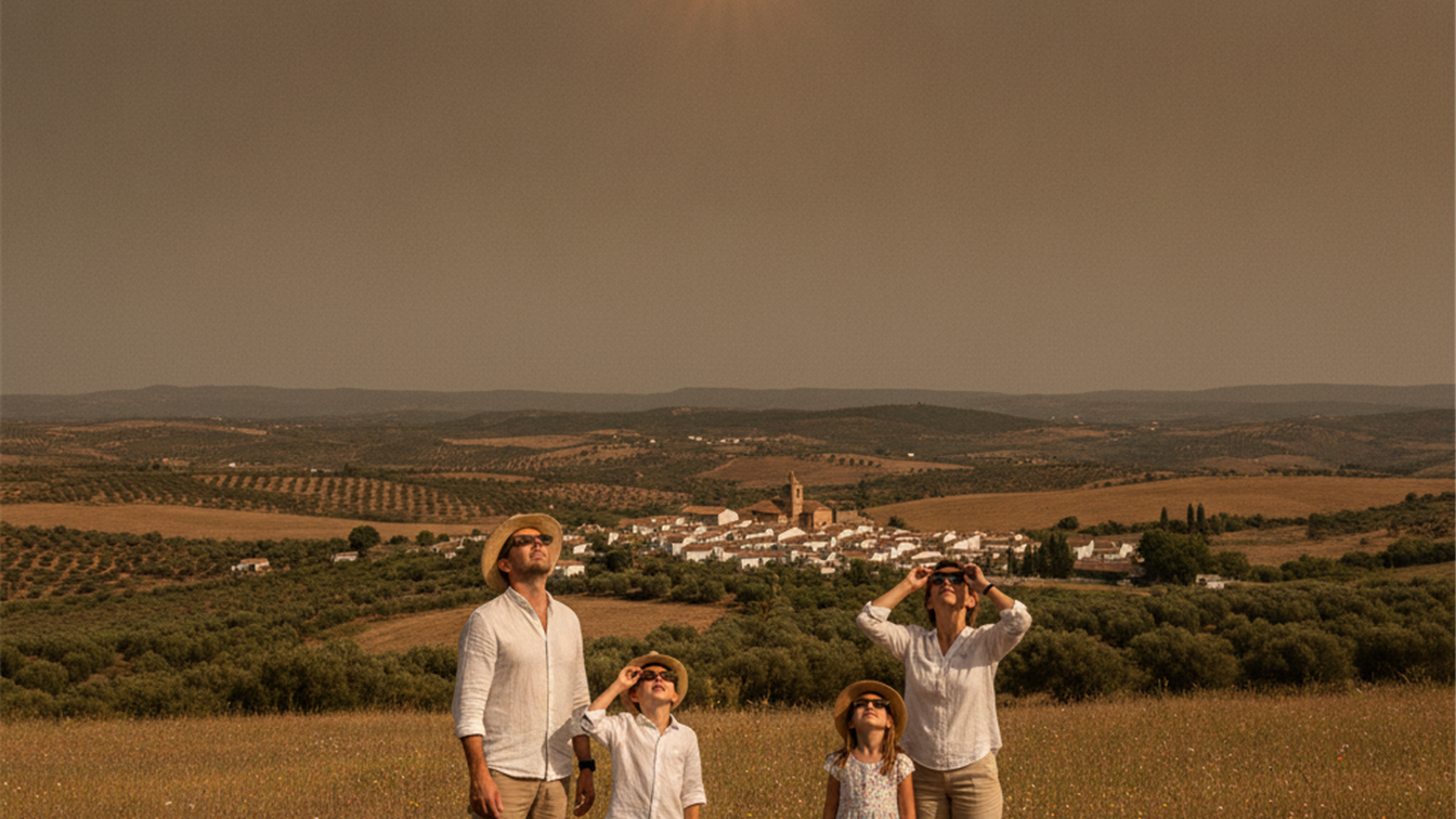 Familia observando el eclipse solar en el campo espanol