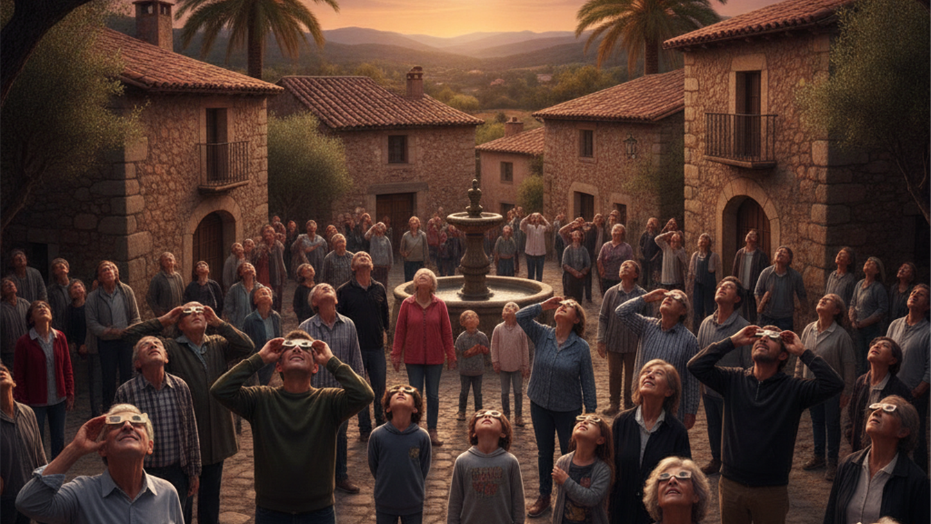 Vecinos observando el eclipse solar en un pueblo de Espana