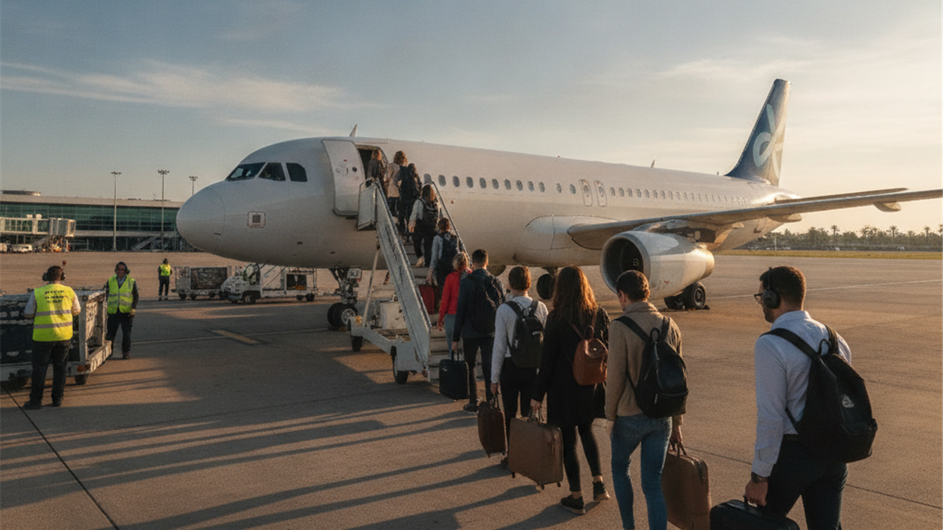 Pasajeros embarcando en avion en aeropuerto de Espana verano 2026