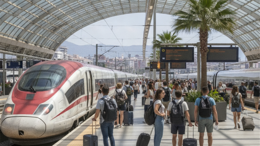 Estacion de tren AVE en Espana con viajeros en verano 2026