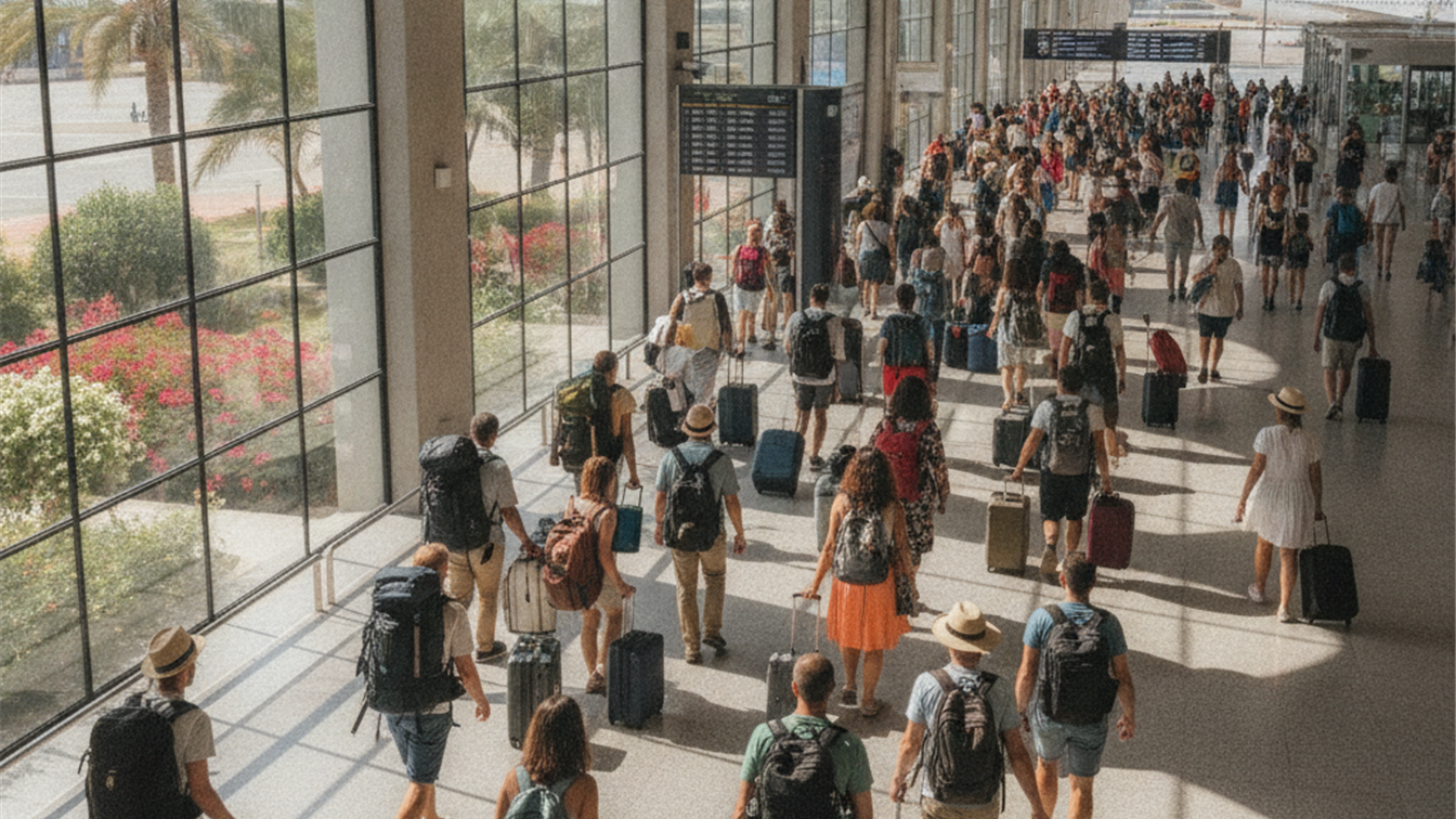Viajeros con maletas en el aeropuerto listos para volar en verano