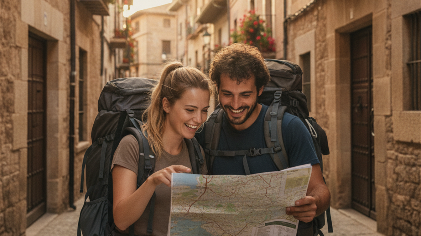 Pareja de viajeros con mochilas caminando por calle antigua europea