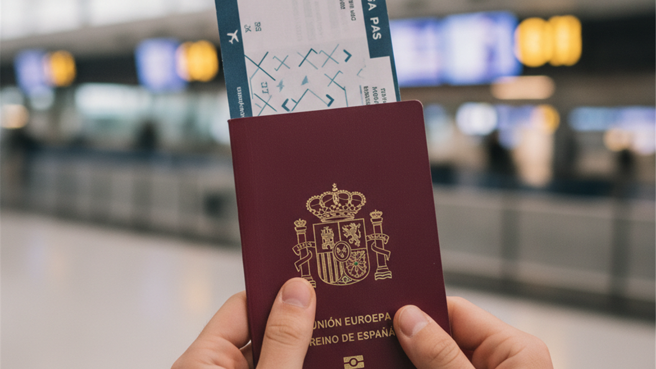 Manos sosteniendo pasaporte y tarjeta de embarque en aeropuerto europeo