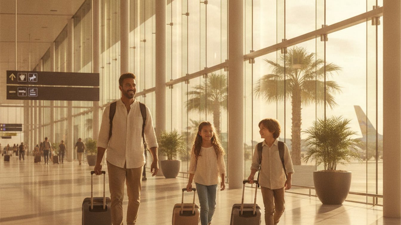 Familia con maletas caminando por una terminal de aeropuerto hacia la puerta de embarque