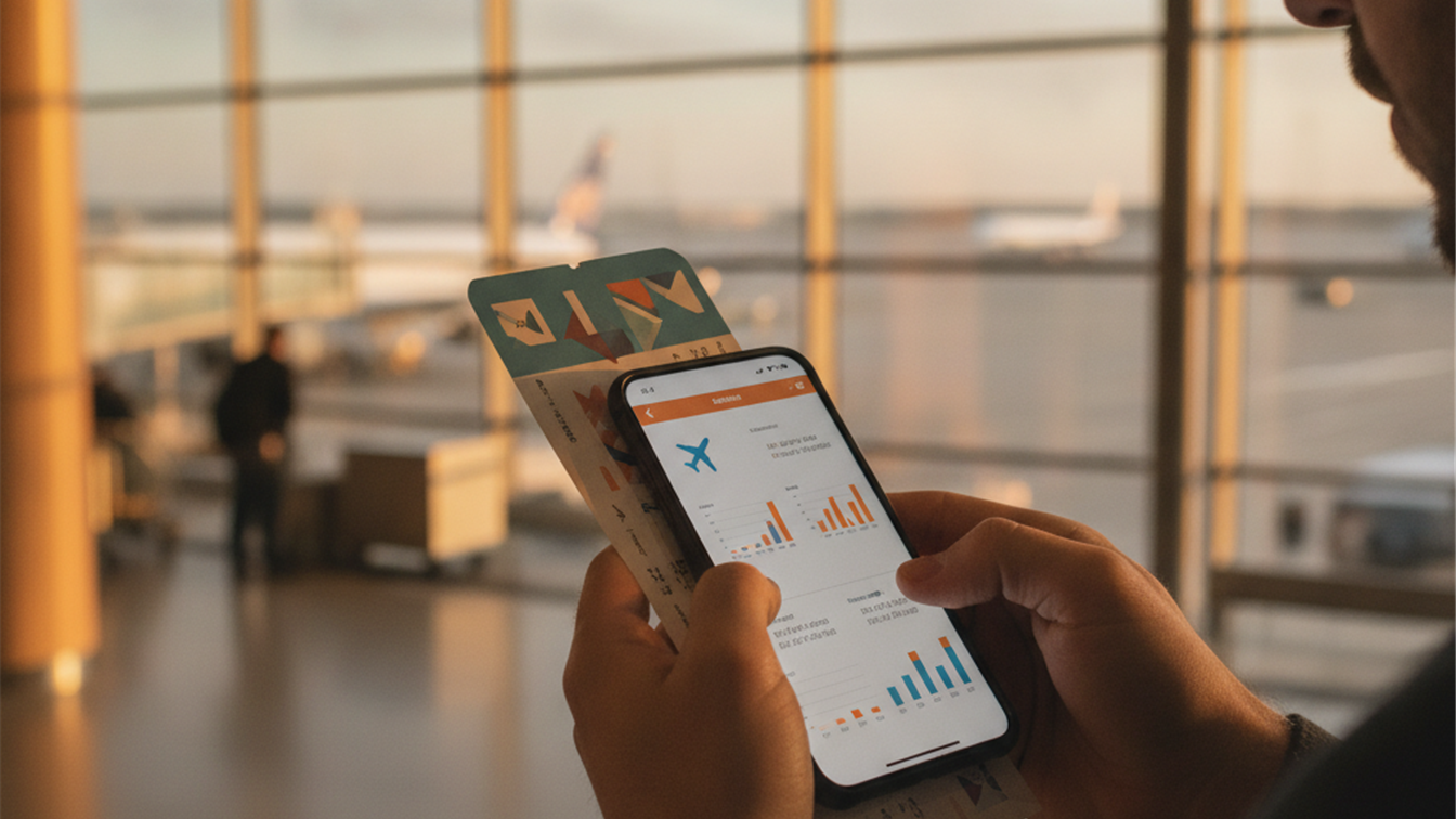 Viajero con tarjeta de embarque y movil consultando la informacion de su vuelo