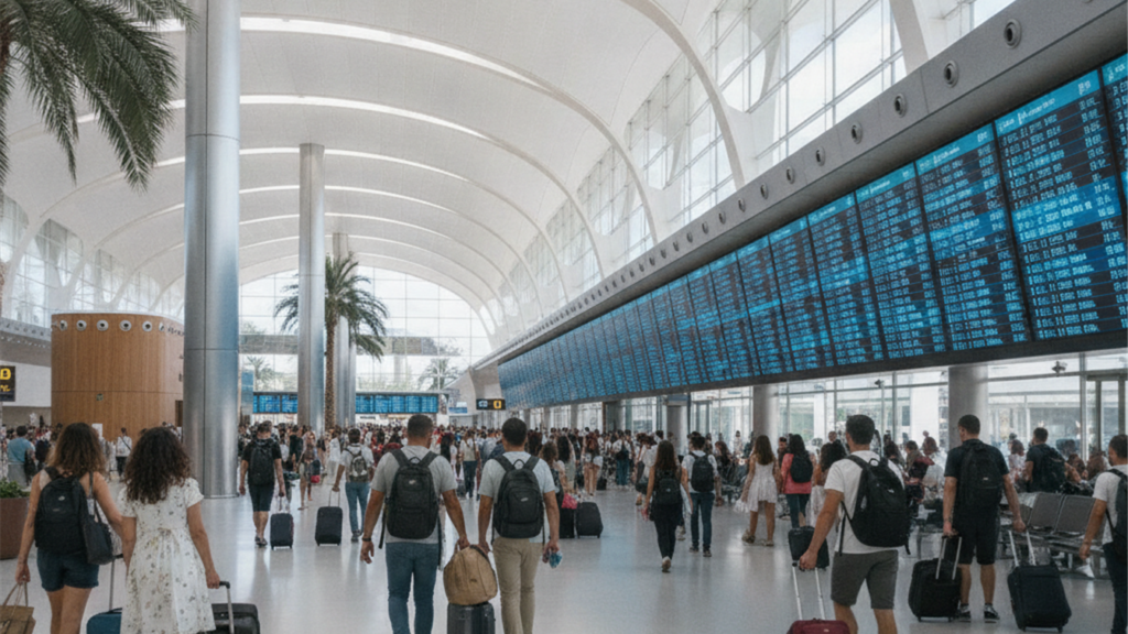 Terminal de aeropuerto en Espana con viajeros en verano 2026