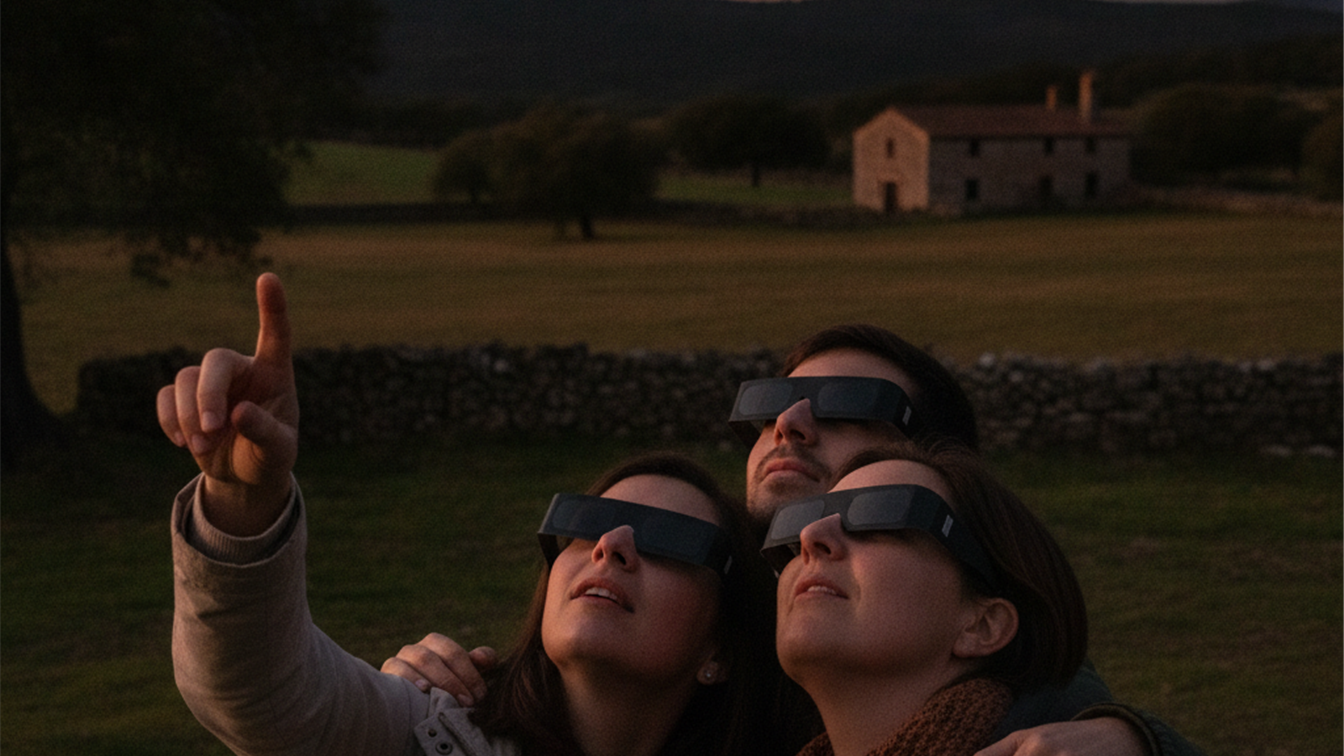Grupo de personas observando el eclipse solar con gafas especiales en el campo