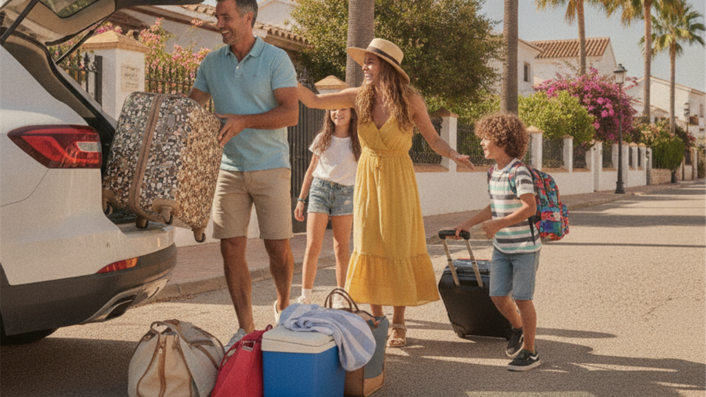 Familia espanola cargando maletas en el coche para viajar en agosto