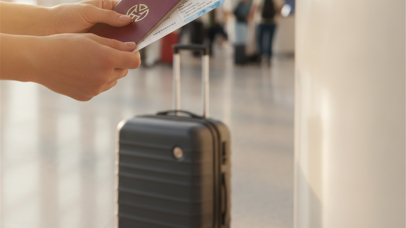 Viajero con tarjeta de embarque y pasaporte en el aeropuerto