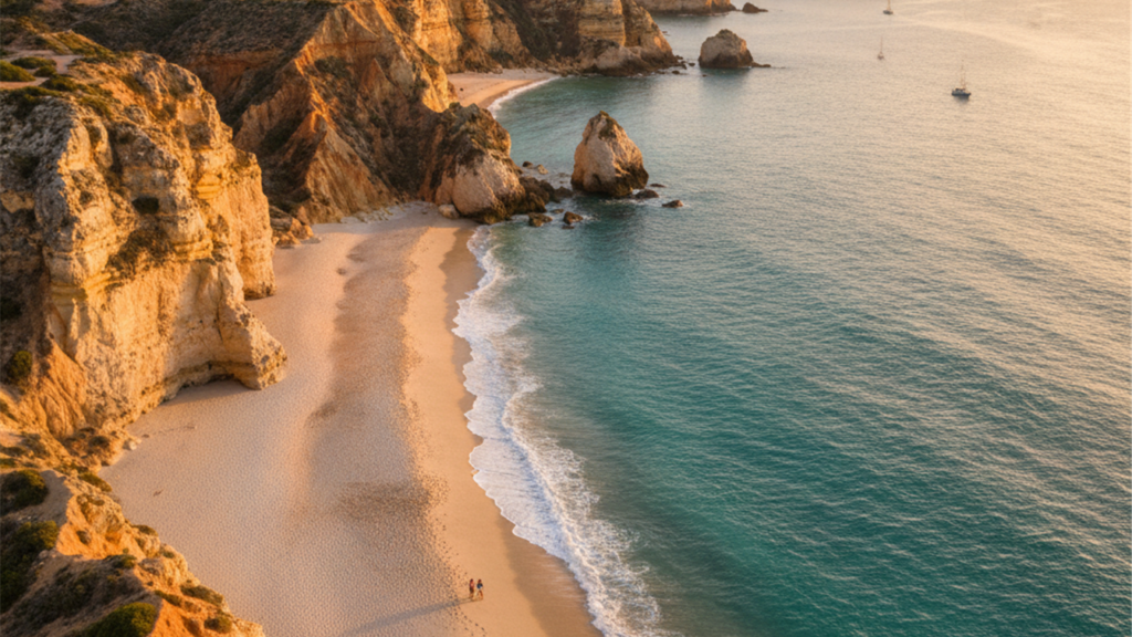 Costa espanola con acantilados y playa al atardecer