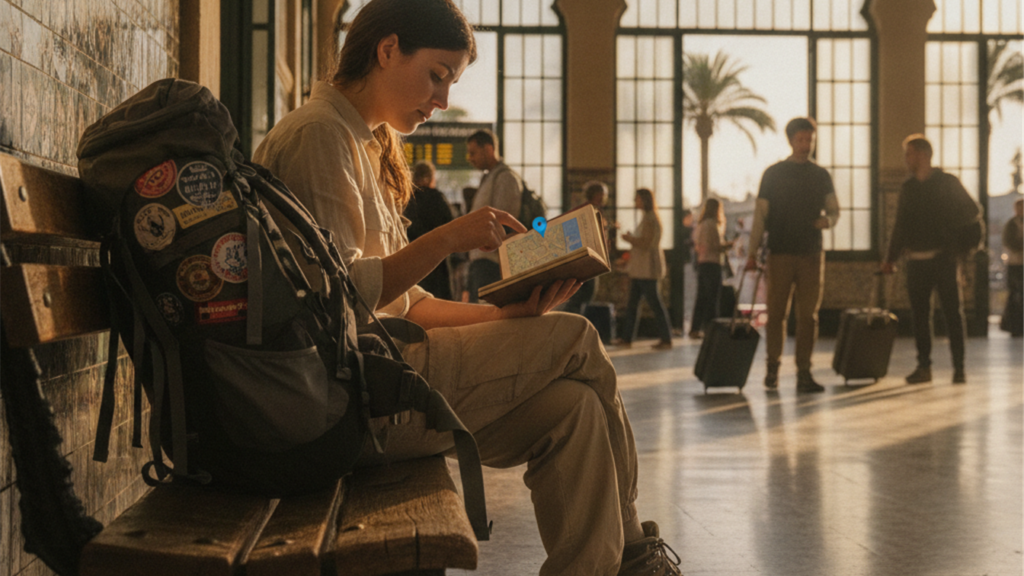 Mochilero calculando presupuesto de viaje en estacion de tren