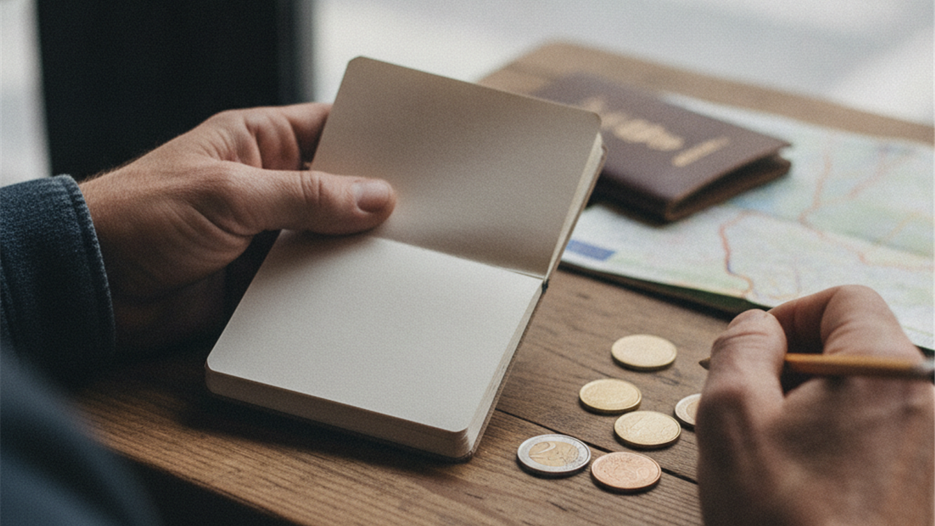 Manos calculando presupuesto de viaje con monedas de euro
