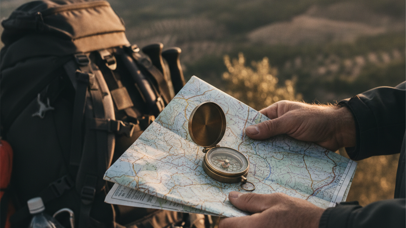 Manos sosteniendo mapa y brujula durante viaje de mochilero