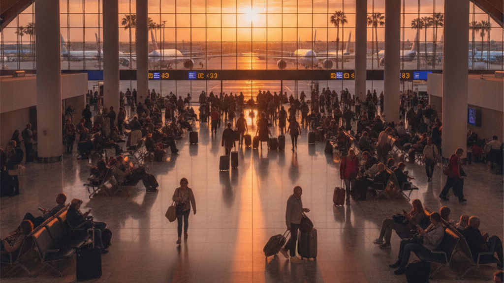 Sala de embarque de aeropuerto con viajeros y aviones al fondo