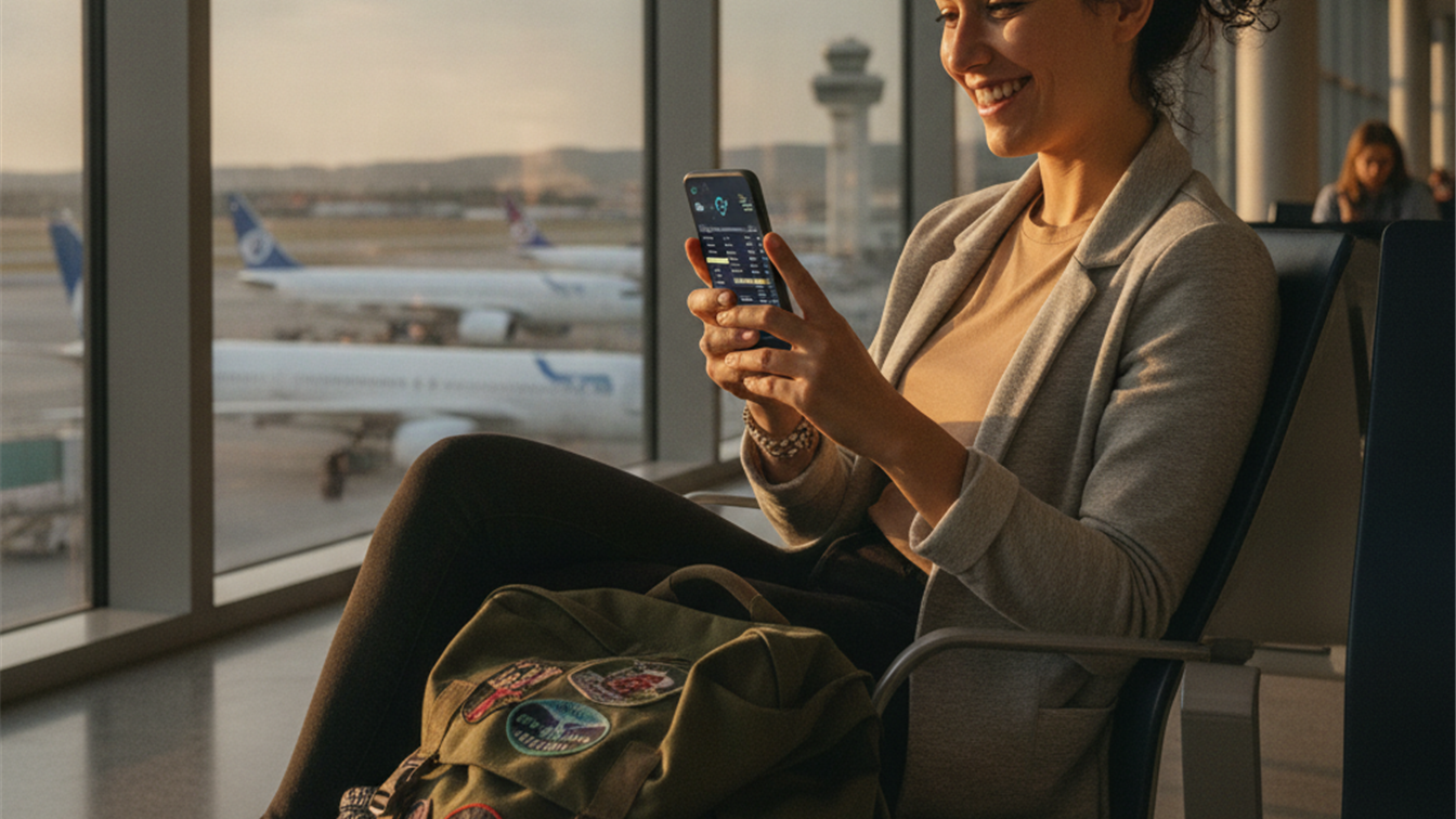 Viajera consultando vuelos baratos en el movil en el aeropuerto