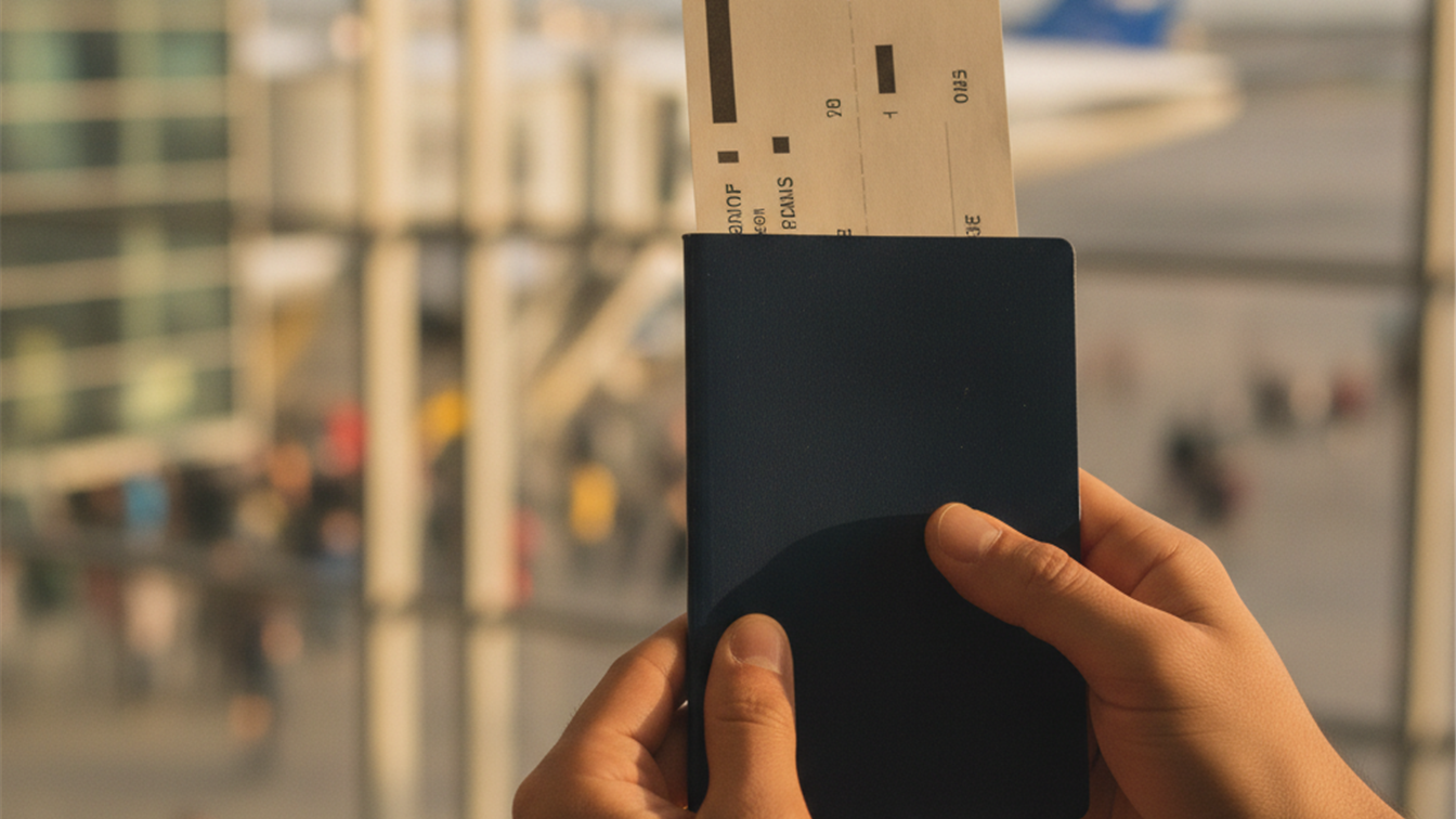 Manos sujetando pasaporte y tarjeta de embarque en el aeropuerto