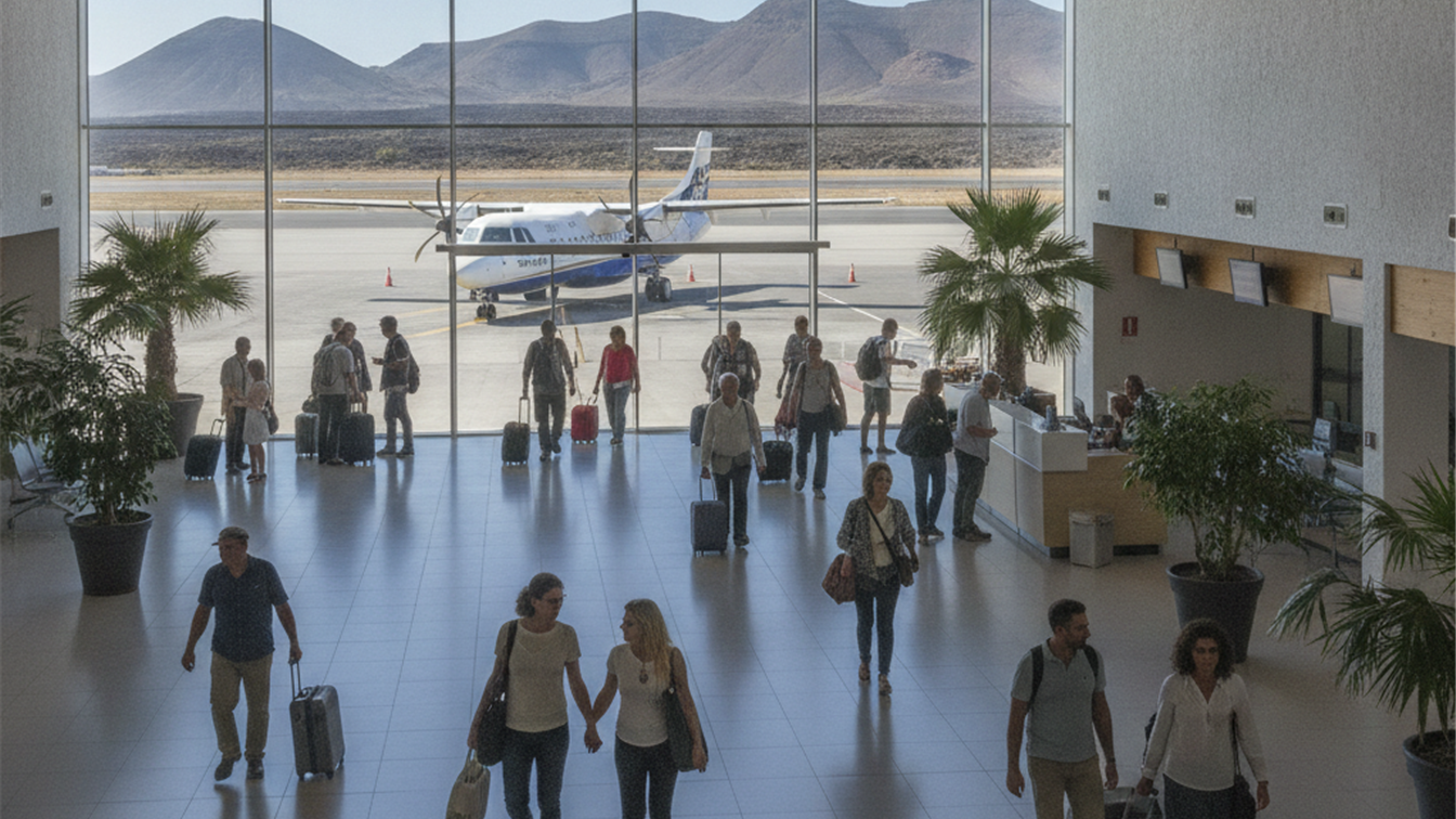 Terminal de aeropuerto en Canarias con viajeros y maletas