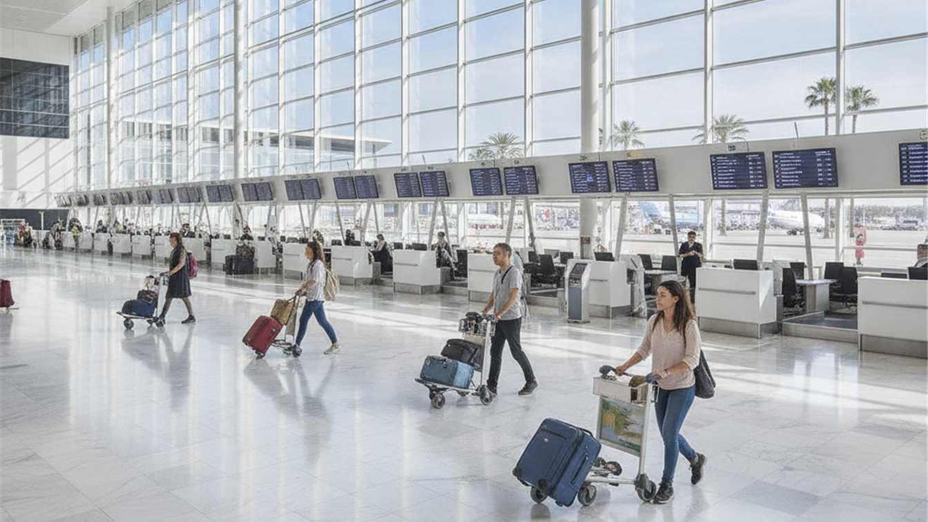 Terminal de aeropuerto en Espana con viajeros y maletas en agosto 2026