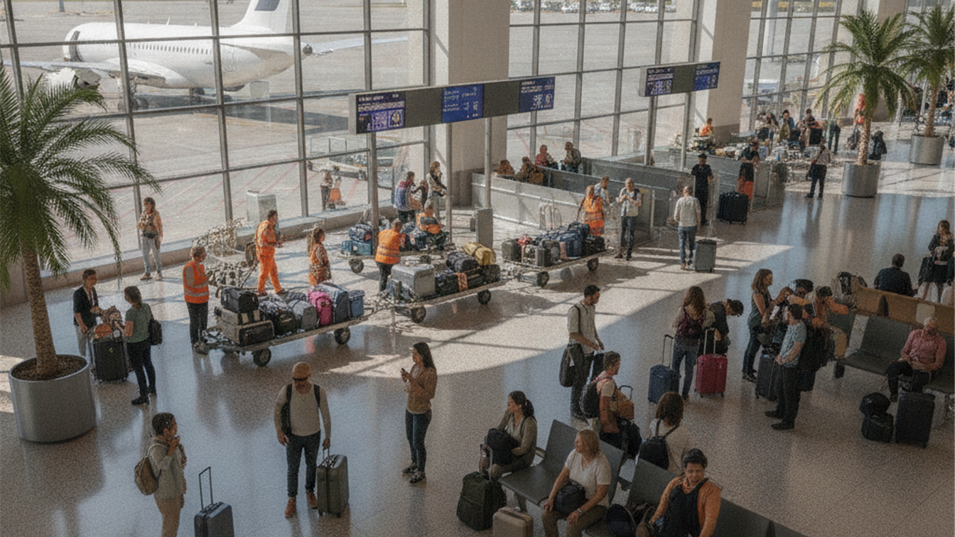 Terminal de aeropuerto con personal de tierra y viajeros con maletas