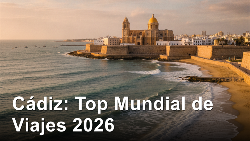 Vista del casco antiguo de Cadiz junto al mar con la catedral al atardecer