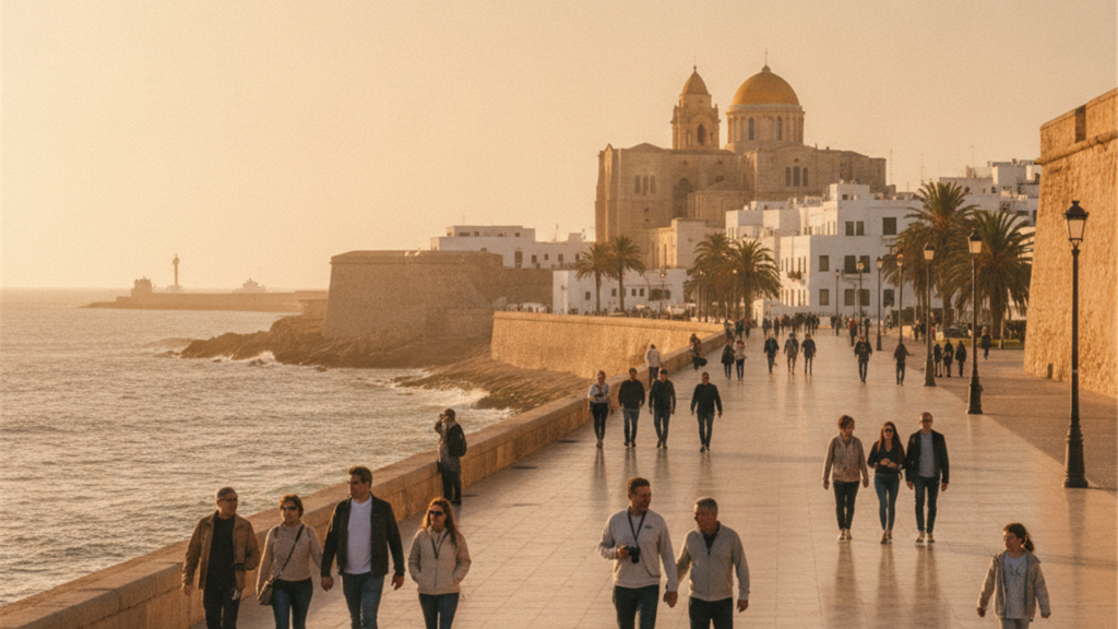 Paseo maritimo de Cadiz al atardecer con turistas