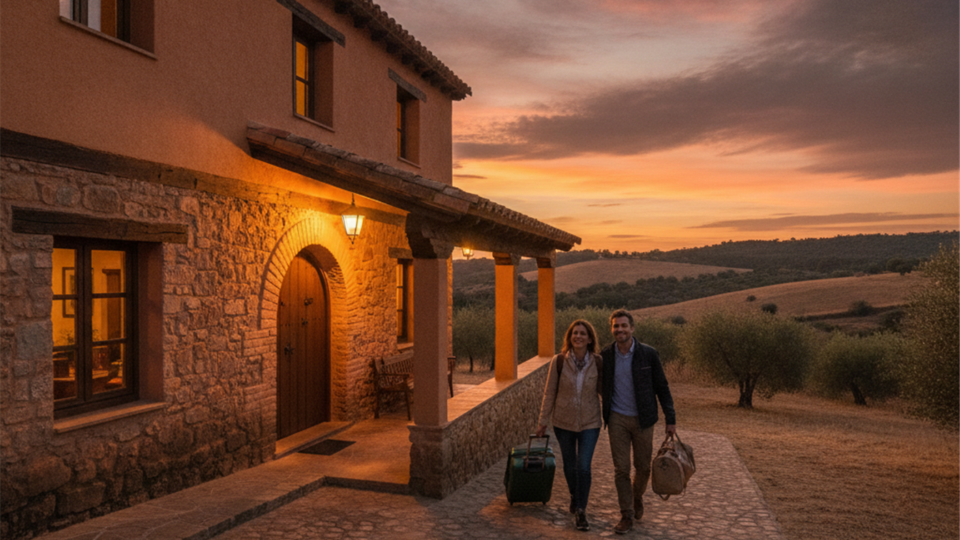 Casa rural en el campo espanol al atardecer con maletas en la entrada