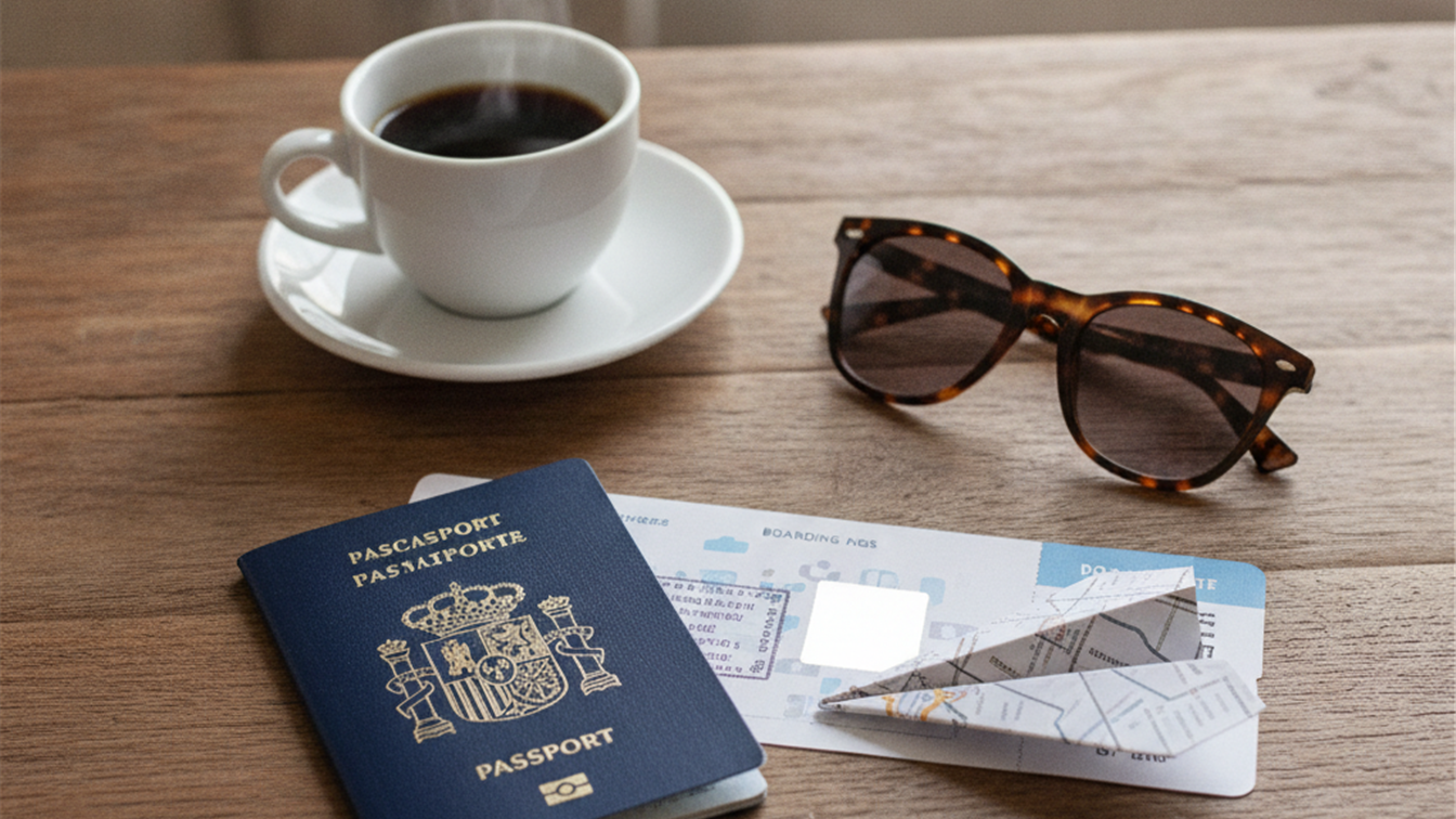 Pasaporte y tarjeta de embarque sobre una mesa de madera