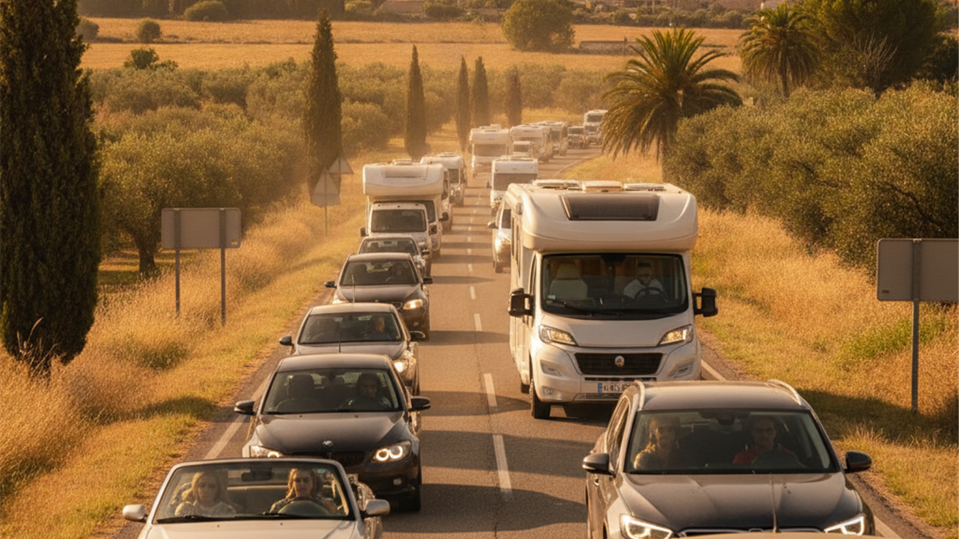 Fila de coches y autocaravanas en una carretera de Espana rumbo al eclipse