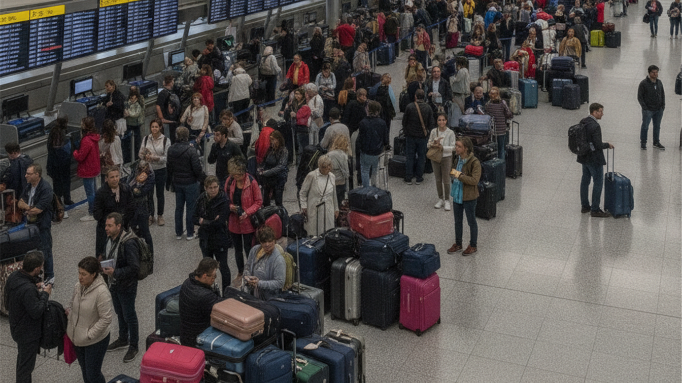 Viajeros con maletas haciendo cola en la zona de facturacion de un aeropuerto espanol