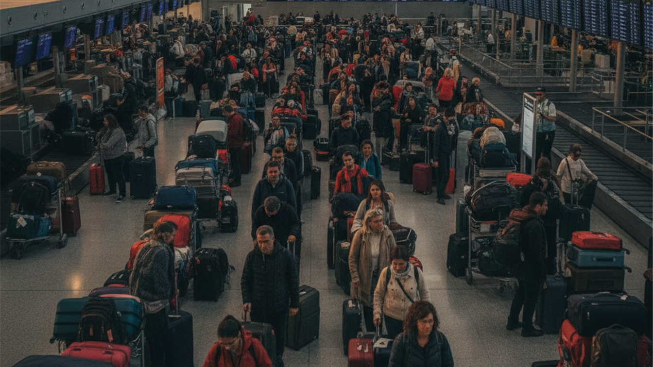 Cola de pasajeros con maletas en la zona de facturacion de un aeropuerto espanol