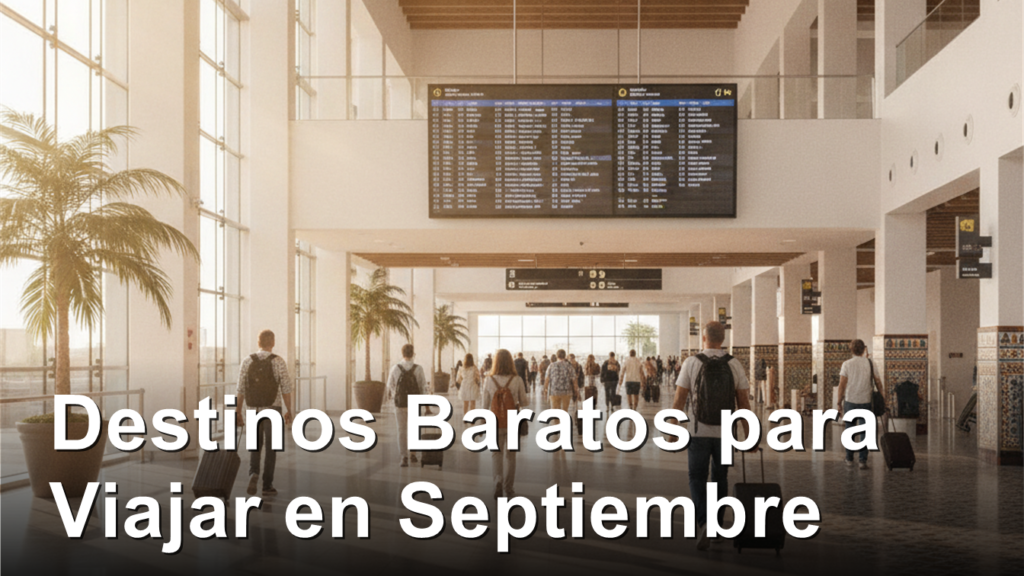 Aeropuerto en Espana con viajeros y panel de salidas
