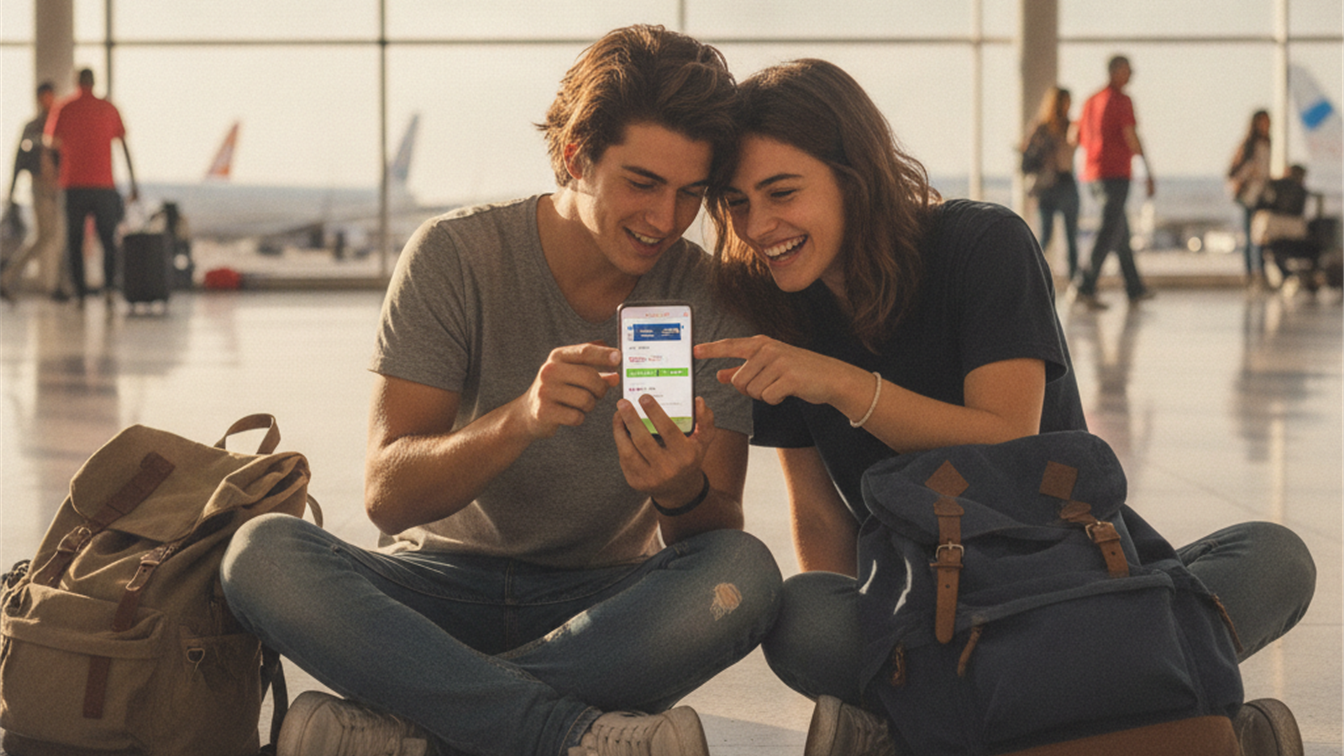 Dos viajeros revisando una oferta de vuelo barato en el movil