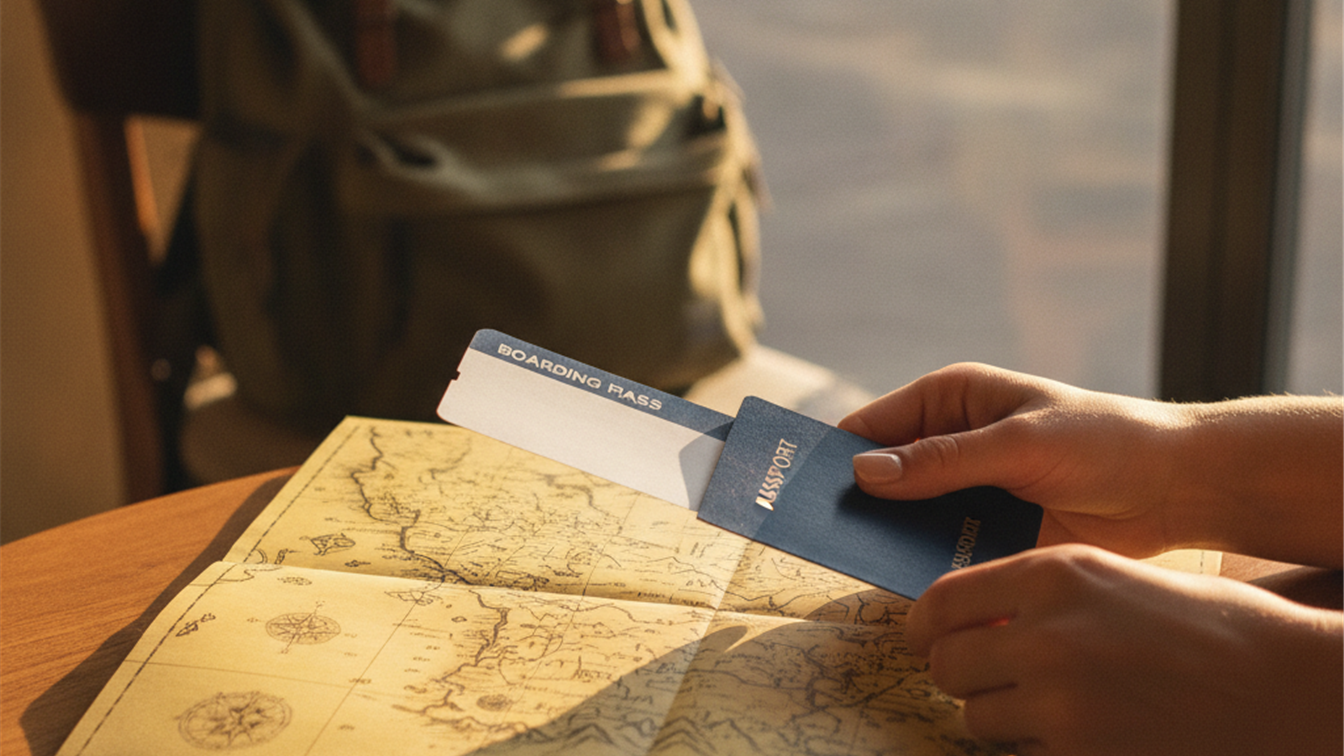 Manos sosteniendo pasaporte y tarjeta de embarque sobre un mapa