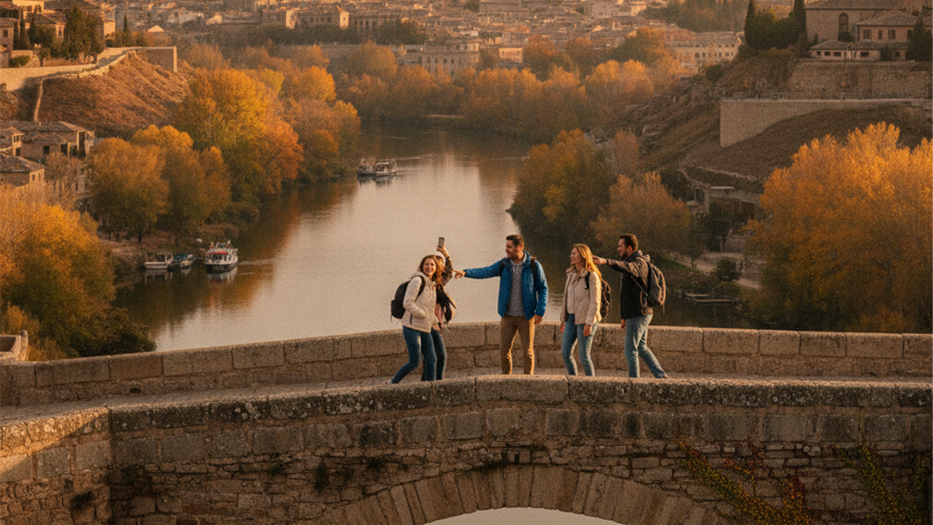 Turistas espanoles paseando por una ciudad europea en otono