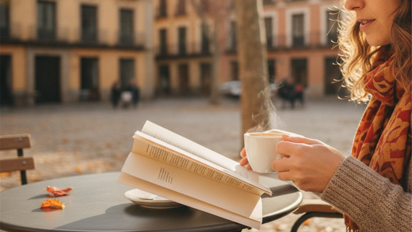Viajera con guia de viaje y cafe en una plaza europea