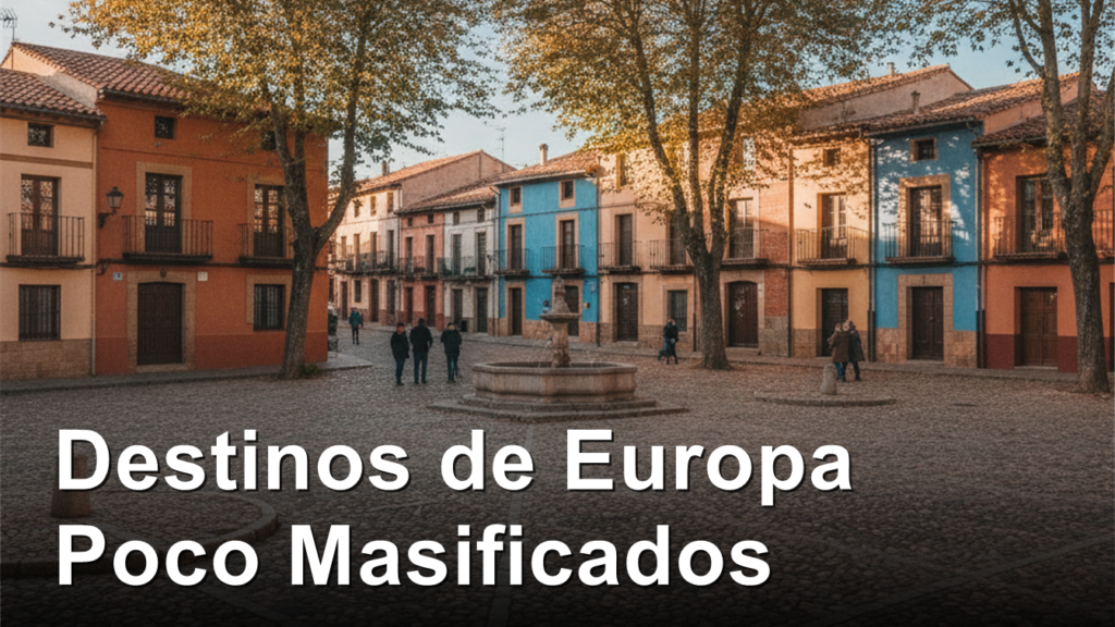 Plaza tranquila de un pueblo europeo en otono con pocos turistas