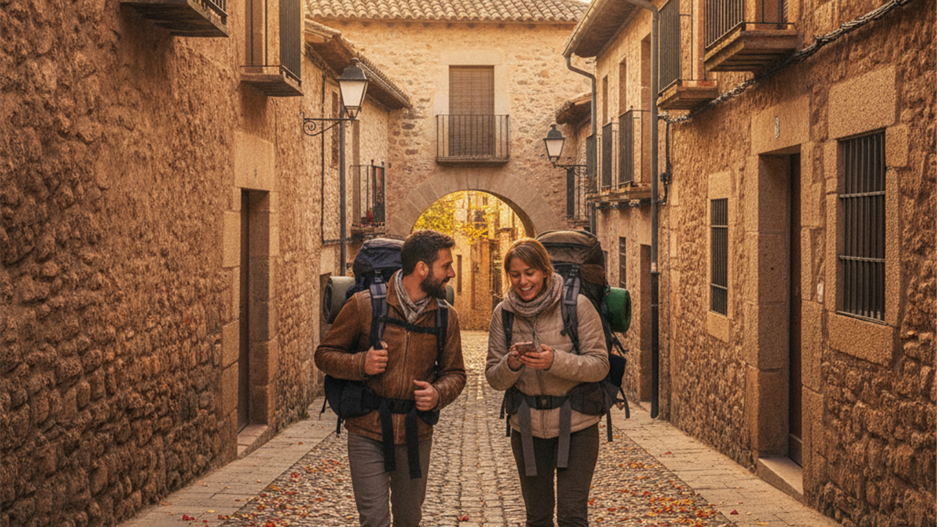 Viajeros con mochila explorando una calle empedrada europea en otono