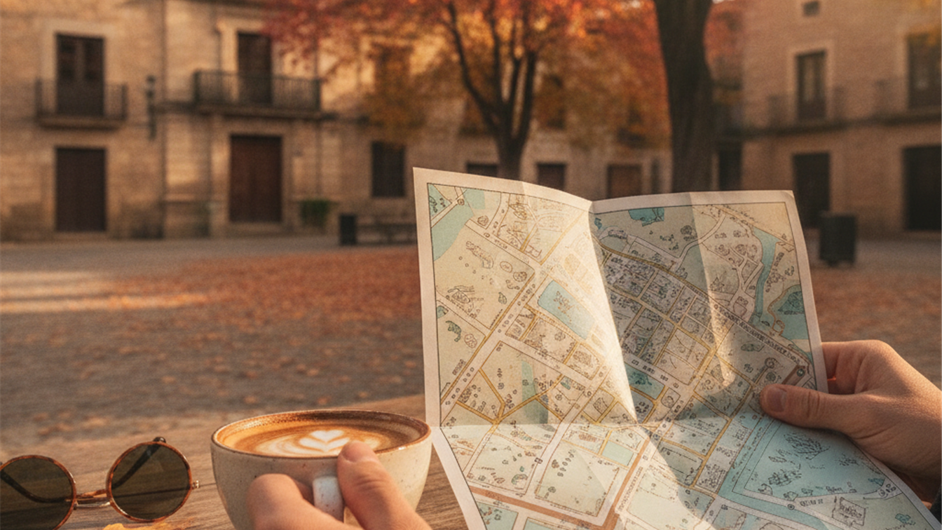 Manos sosteniendo un mapa de papel y un cafe en una terraza europea
