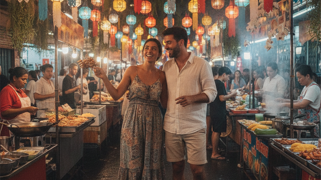 Pareja espanola explorando mercado nocturno asiatico en viaje exotico
