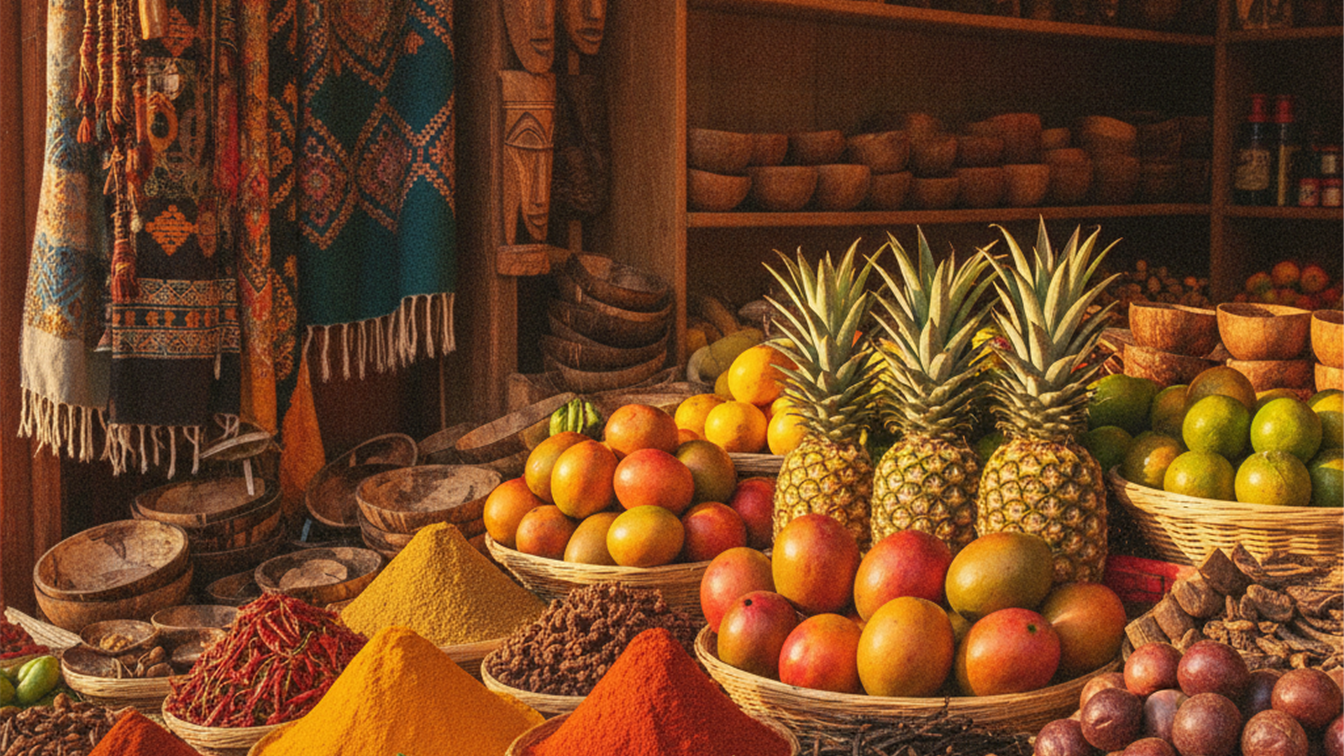 Especias coloridas frutas tropicales y artesanias en mercado caribeno
