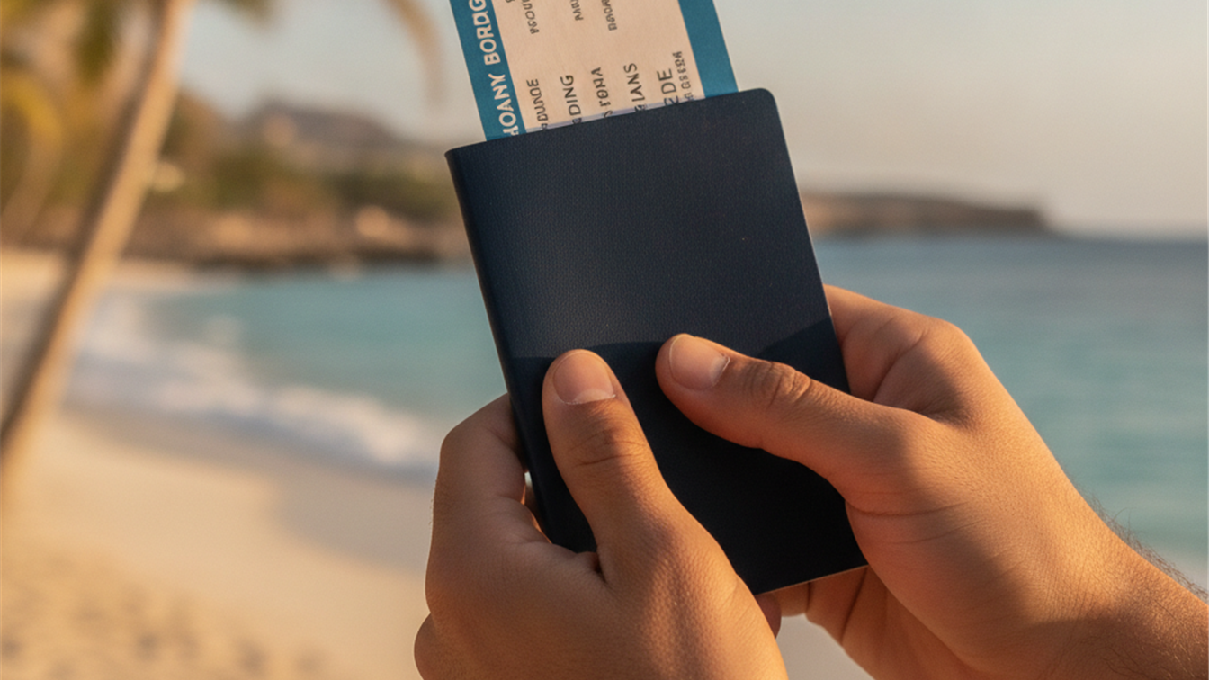 Pasaporte y tarjeta de embarque con playa de fondo