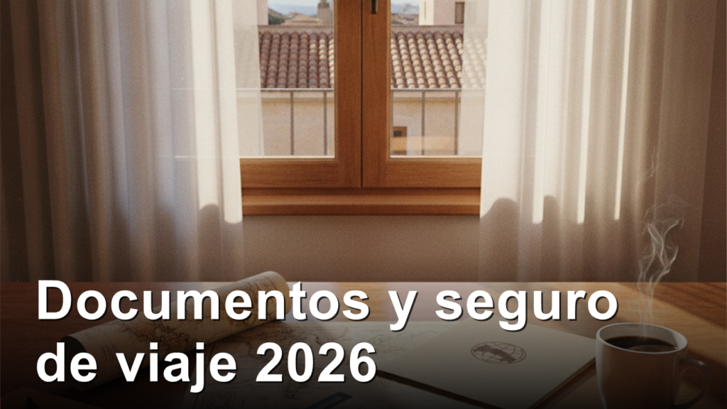 Documentos y seguro de viaje sobre una mesa con pasaporte y tarjeta de embarque
