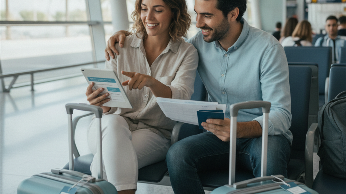 Pareja revisando documentos de viaje y seguro en el aeropuerto