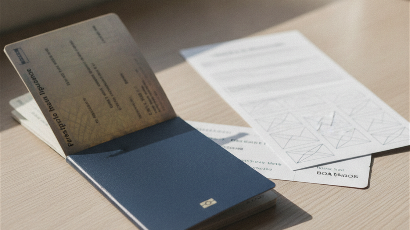 Detalle de pasaporte y poliza de seguro de viaje sobre mesa de madera